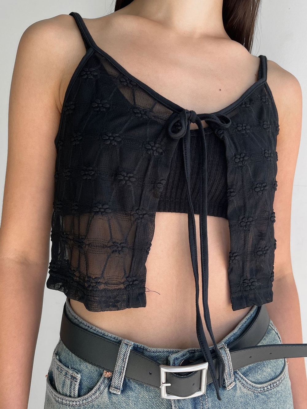 Oak + Fort Black Sheer Tie-Front Cropped Tank Top